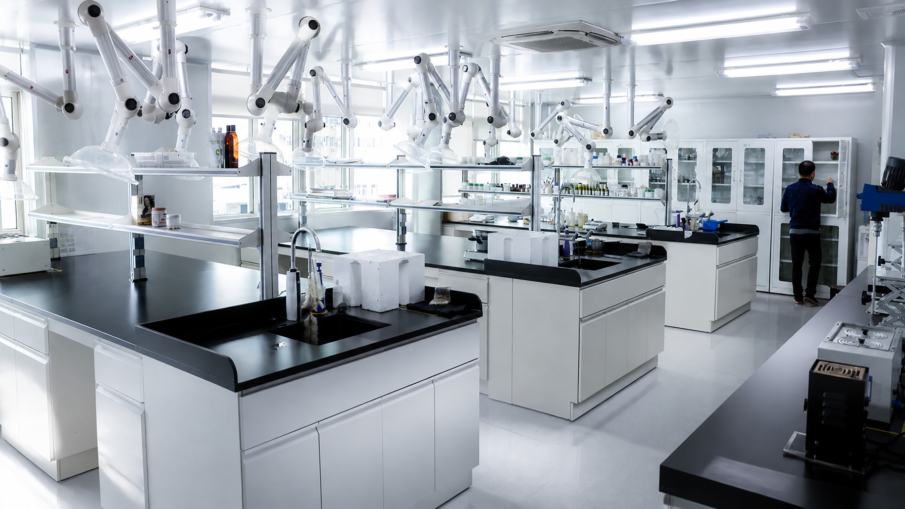 BioHueZ research laboratory with fume extraction arms and clean white workstations